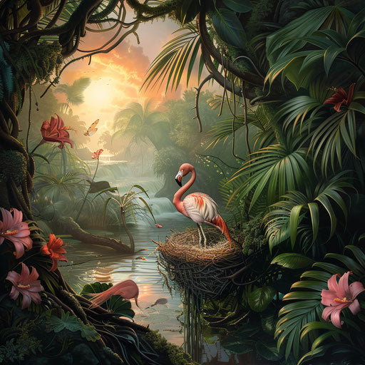 Flamingo nest hidden in a lush mangrove forest