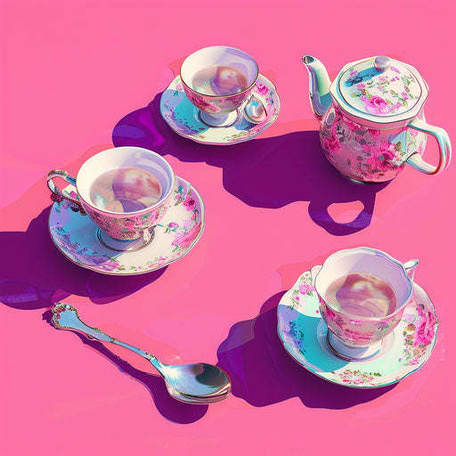 Tea party clipart on bright magenta background
