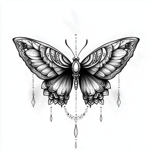 Butterfly tattoo with mandala patterns on wings in black and white