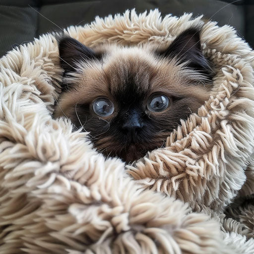 Himalayan cat peeking out of cozy blanket