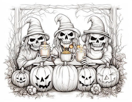Three people drinking cider with pumpkin coloring pages