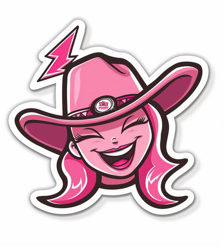 Pink cowgirl smiley face with lightning bolt in hat