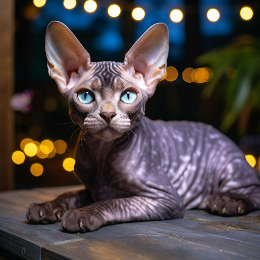 Devon Rex cat lying outside at night