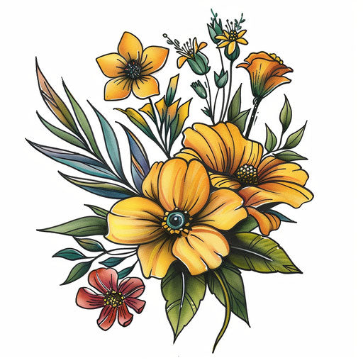 Sunlit flower bouquet, summer flat tattoo sketch