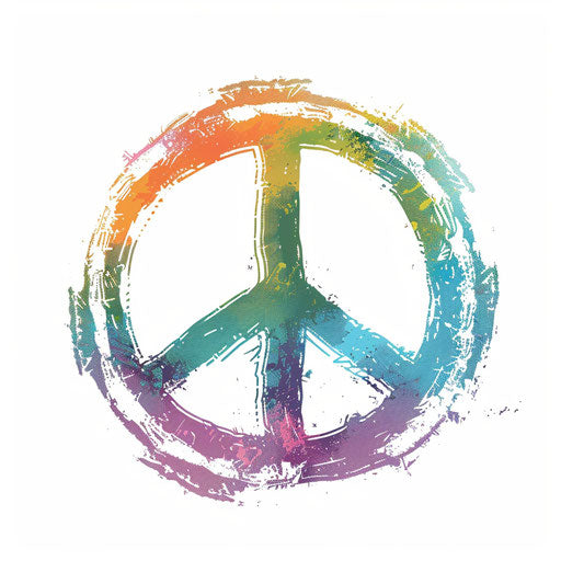 Flat tattoo style peace symbol in vibrant rainbow gradient.