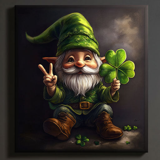 Cute gnome with four-leaf clover, peace sign