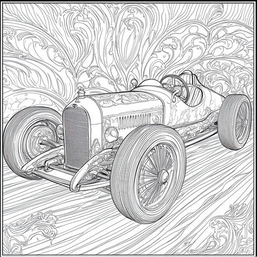 Intricately detailed race car, in the style of Edward Julius Detmold, coloring book page
