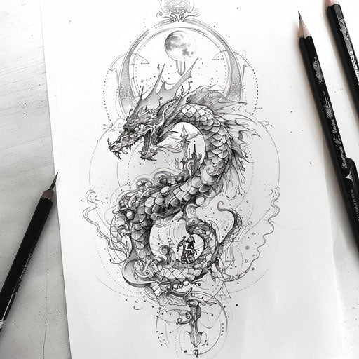 Fantasy-themed tattoo sketch of a hakuna matata symbol with whimsical elements and magical motifs