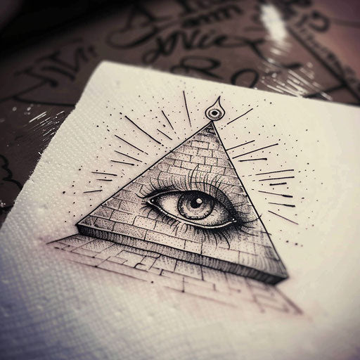 Mystical sketch of pyramid with eye, in monochrome