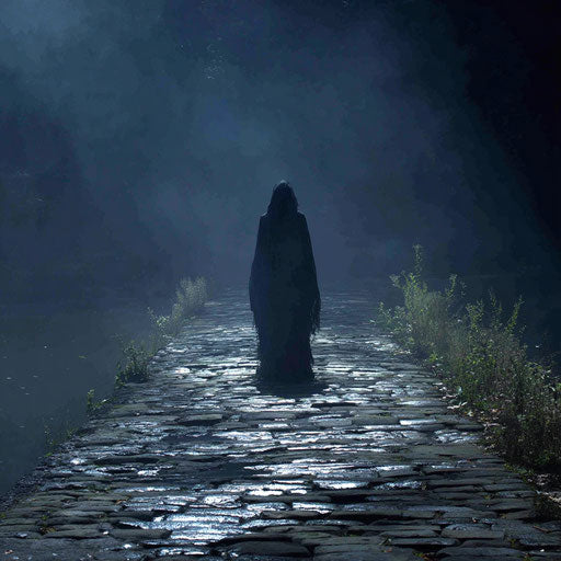 A Mysterious Figure on a Dark, Wet Cobblestone Path