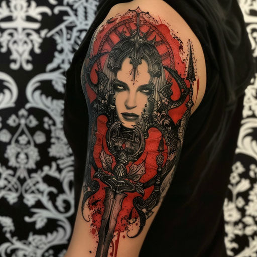 Red tattoos with gothic elements, in the style of Gerald Brom
