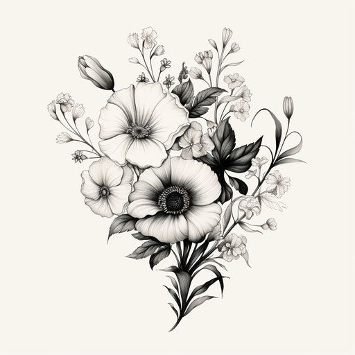 Black and white drawing of flowers, feminine style, country