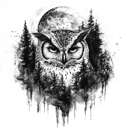 Flat tattoo sketch of owl chest tattoo with forest scene
