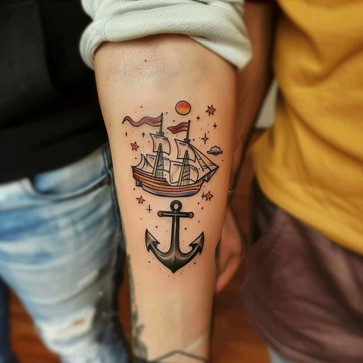 Couple tattoo with classic anchor and ship