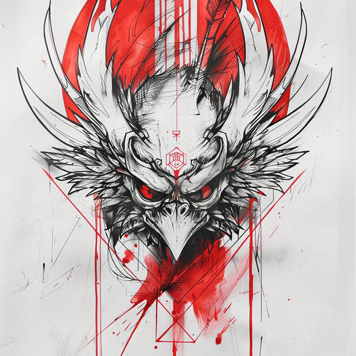 Contemporary sketch of a Tengu with a minimalist aesthetic and bold lines