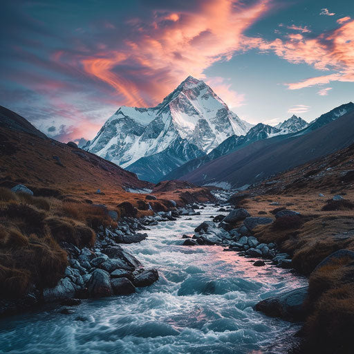 Mount Everest with a river flowing in the foreground, in the style of Chris Burkard