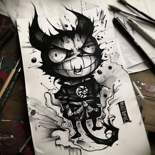 Charming flat tattoo sketch of a cartoon shinigami