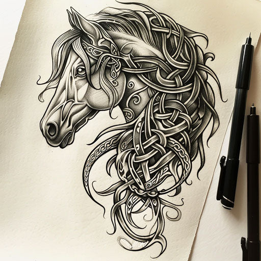 Cultural flat tattoo sketch of a dark horse with Celtic knots woven into its mane