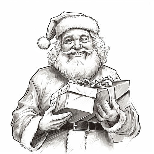 Santa Claus with gift in black and white drawing