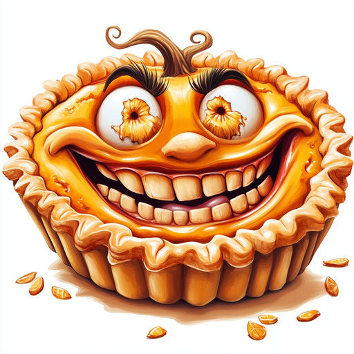 Humorous caricature of a pumpkin pie with human characteristics