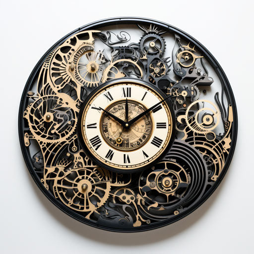 Black and white clock with wrought iron decorative designs