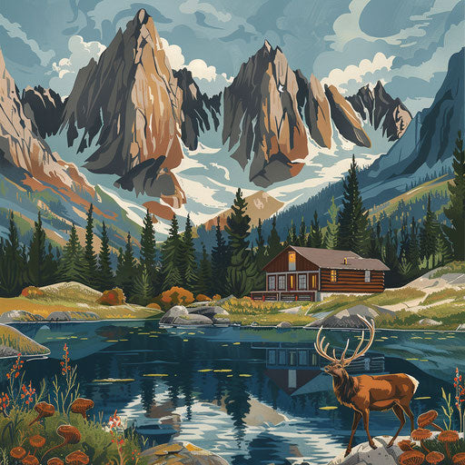 Wildlife by a mountain lake lodge with rugged peaks in the background