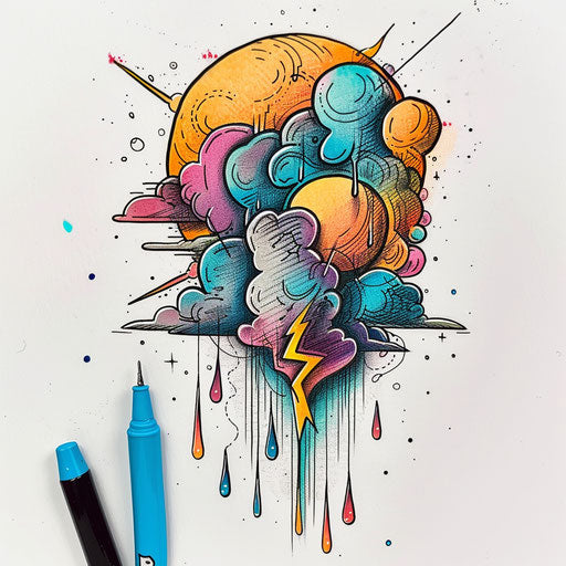 Vibrant flat tattoo sketch of a rainstorm with raindrops and lightning bolts