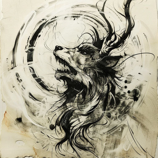 Dynamic flat tattoo sketch of a Wendigo howling into swirling wind