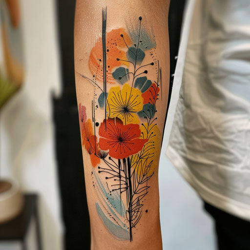 Abstract wildflower tattoo, bold shapes, vibrant colors, artistic flair