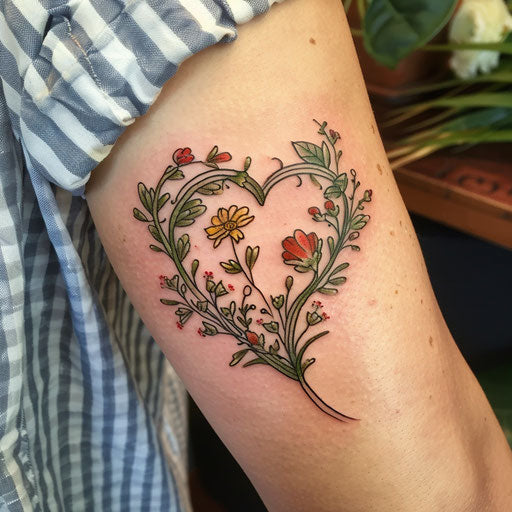 Wildflower heart tattoo, entwined stems, rich reds and greens, romantic style