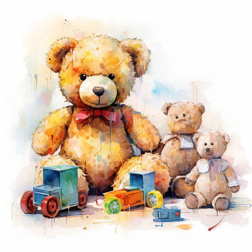 Toys in Oil Painting Style on White Background