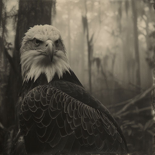 Focused gaze of the American eagle in foggy Louisiana
