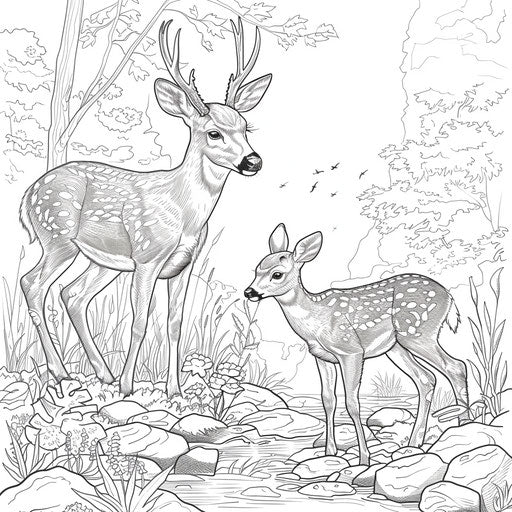Cheerful scene of a deer and its fawn by a stream