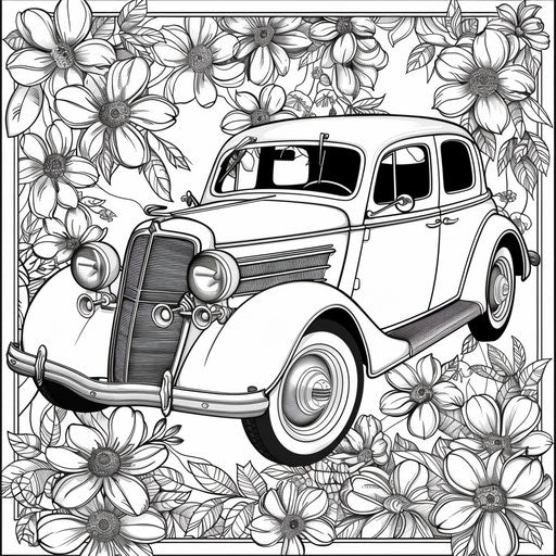 Vintage car surrounded by blooming flowers