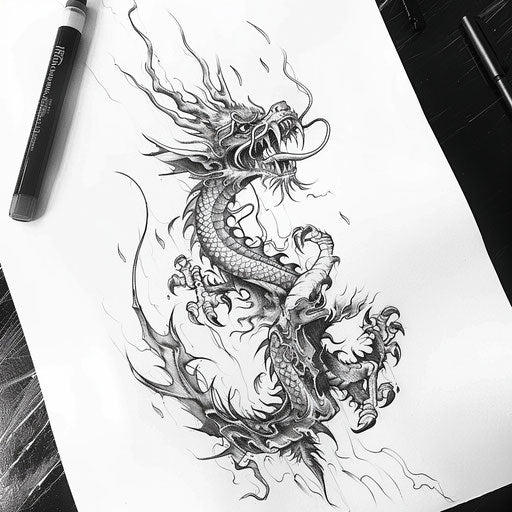 Exotic flat tattoo sketch of a shinigami with traditional Eastern dragon motifs