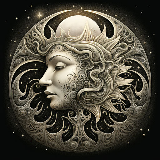 Ancient tattoo vintage hand-etched hair face piercing illustration, moon crescent rays of sunlight, psychological phenomena style