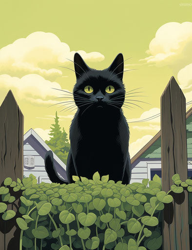 Black cat standing on a fence of a yard, in the style of all of the above, rotcore 24:31