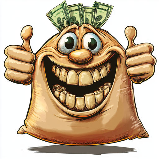 Humorous caricature of a money bag with human characteristics