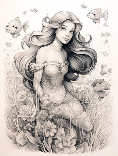 Disney Ariel coloring pages, fanciful creatures style