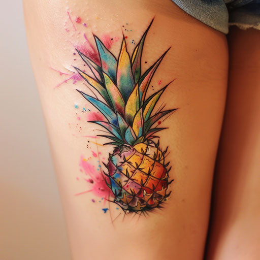 Watercolor pineapple tattoo with pink, blue, yellow