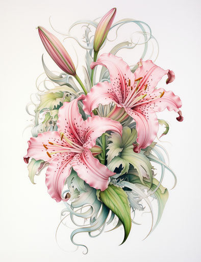 Realistic tattoo design with pink lilies and vines