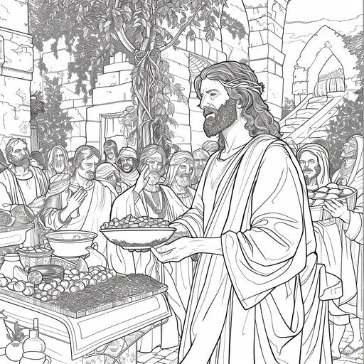 Jesus feeds five thousand. Coloring book page