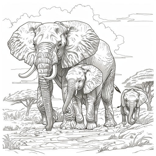 A family of elephants walking trunk to tail across a dusty savannah. Coloring book page
