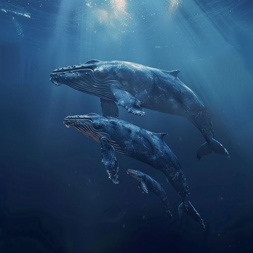 Mother whale and her calf swimming together in the deep blue sea