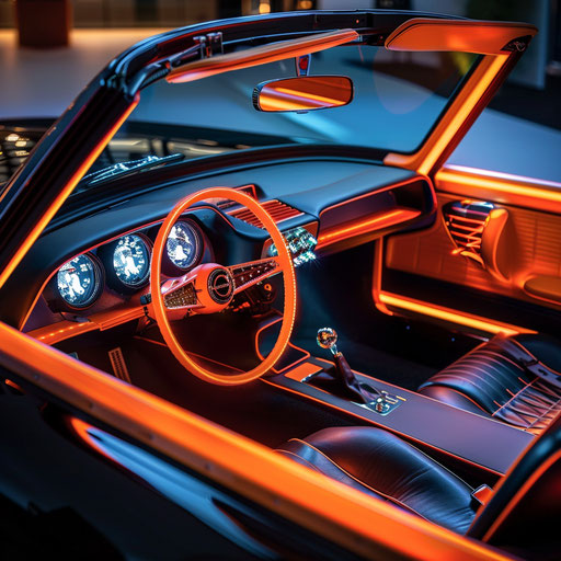 Electric-modified 1966 Volvo P1800 with LED headlights and futuristic dashboard