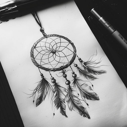 Drawing of a Native American dreamcatcher tattoo with feathers and beads