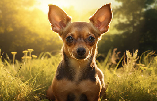 Chihuahua dog sitting on grass in the summer