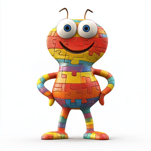 Humorous caricature of a puzzle piece with human characteristics