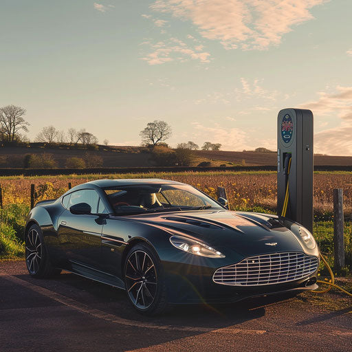 Eco-friendly electric Aston Martin DB7 Zagato charging at a solar station in the countryside.