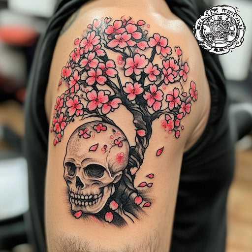 Cherry blossom tree tattoo Ed Hardy style vibrant skull arm